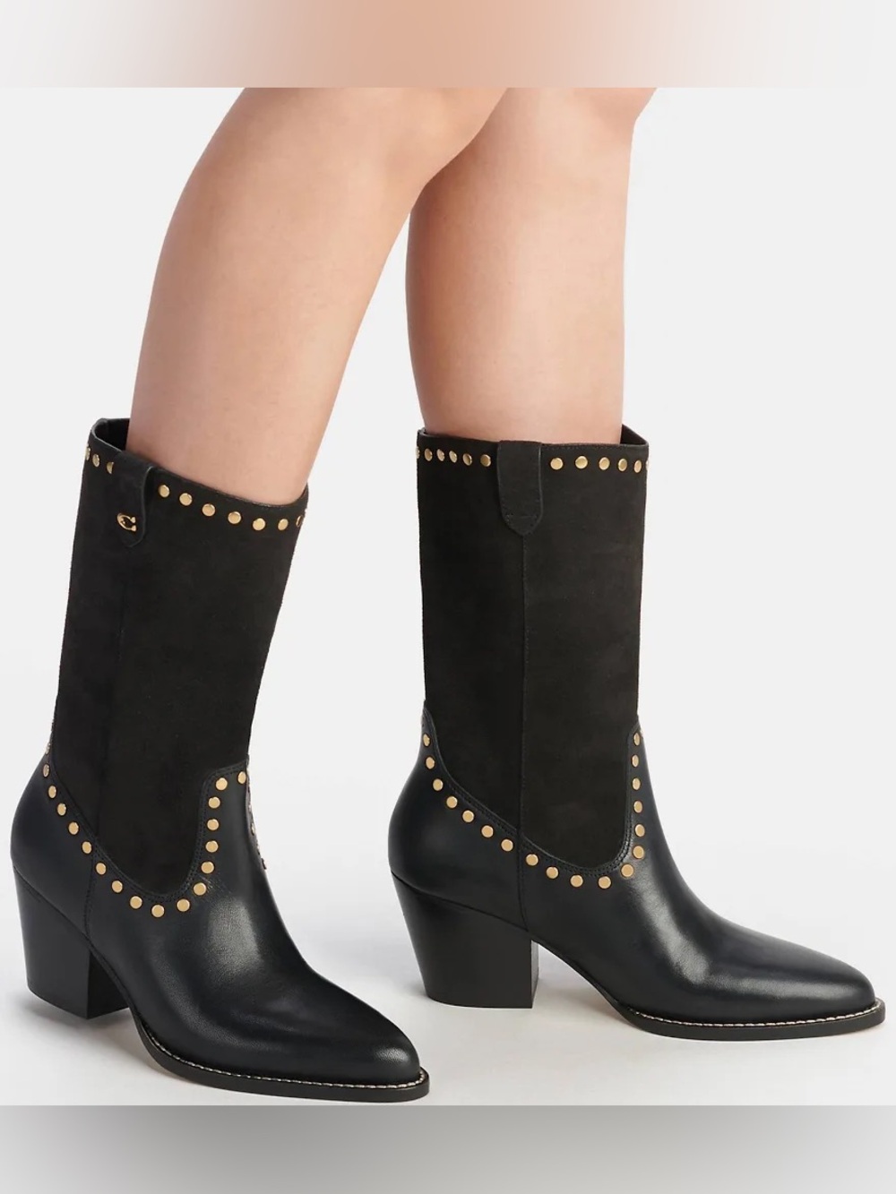 Coach Black Suede & Leather Studded Mid-Calf Boots